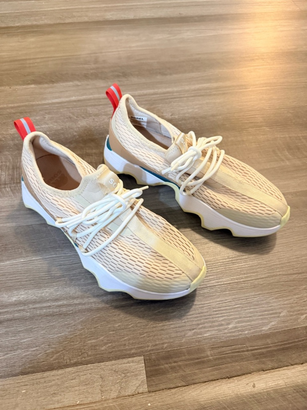 Sorel Beige Cream Lace-Up Women's Sneakers with Red Pull Tab